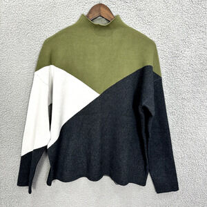 Tahari Sweater Womens XL Green Gray Colorblock Mock Neck Minimalist Quiet Luxury